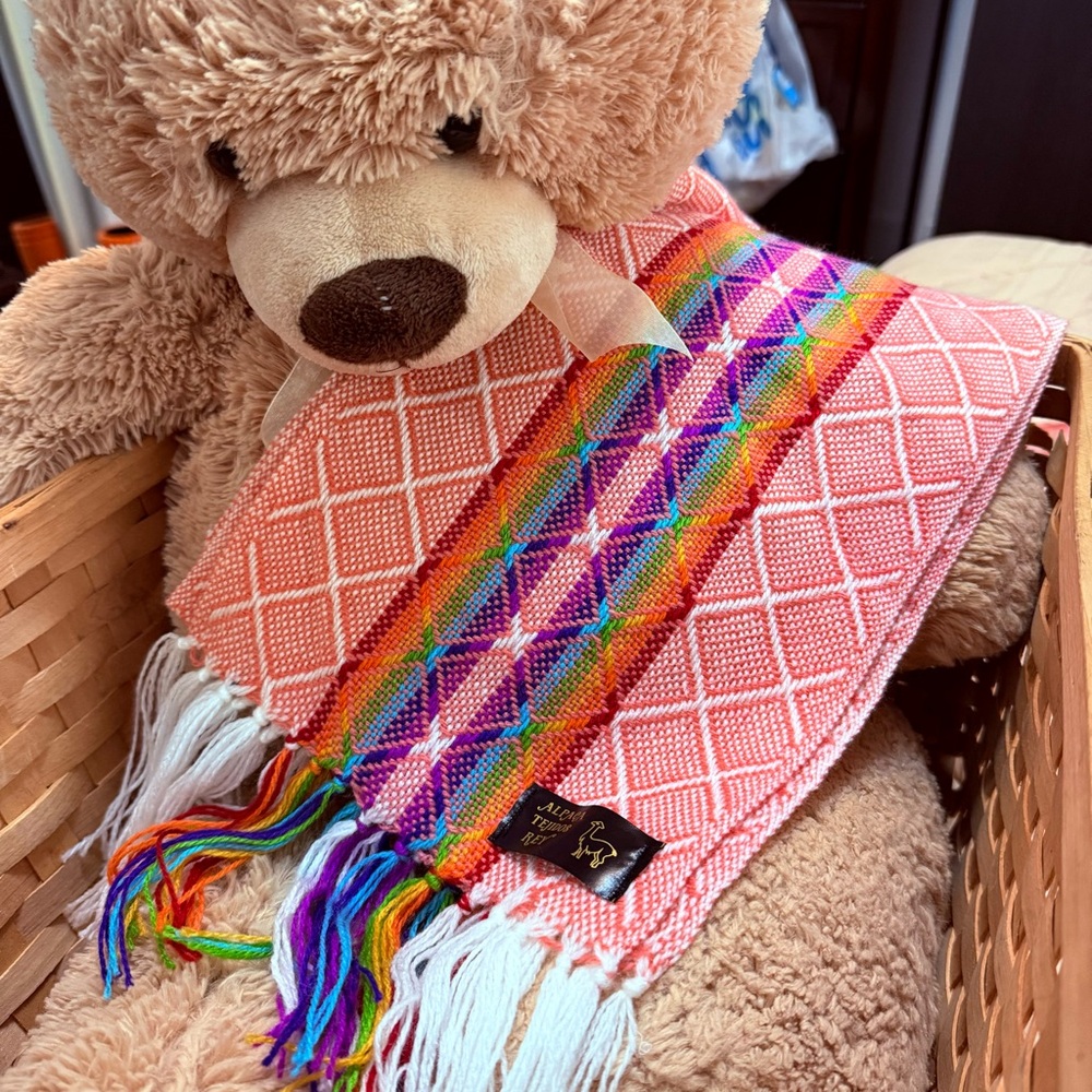 Peruvian Alpaca Wool Strawberry Pink and Rainbow Scarf with Fringe